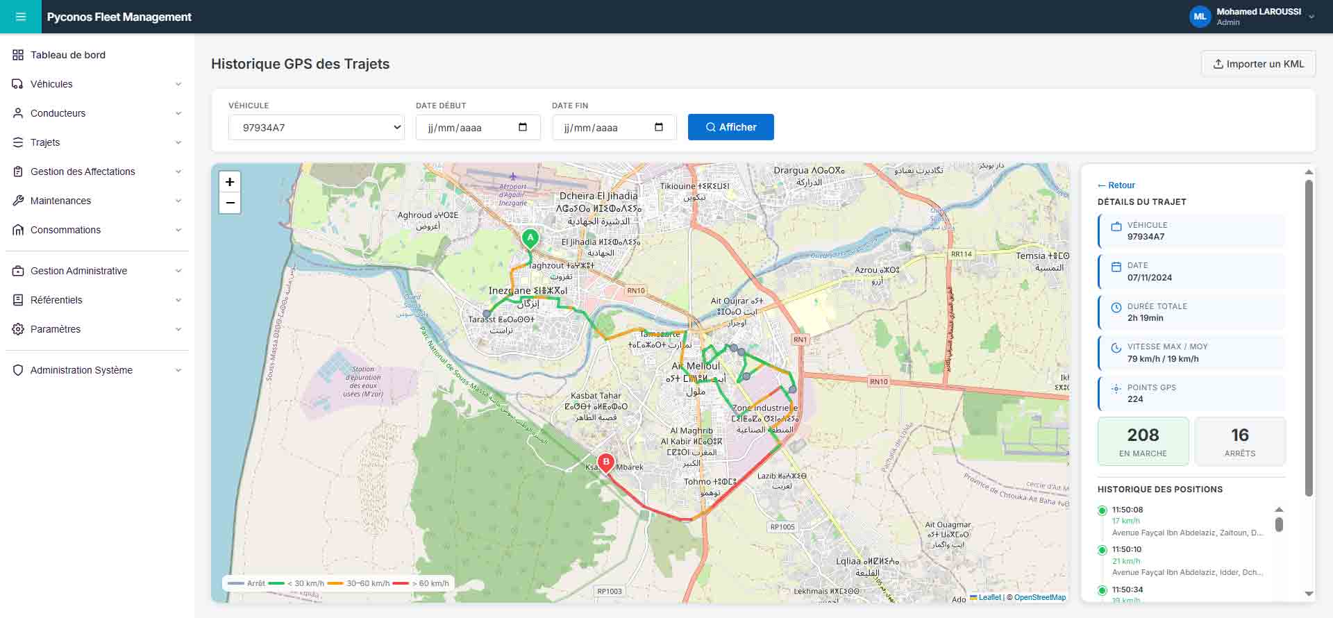 Pyconos Fleet Management — historique GPS des trajets