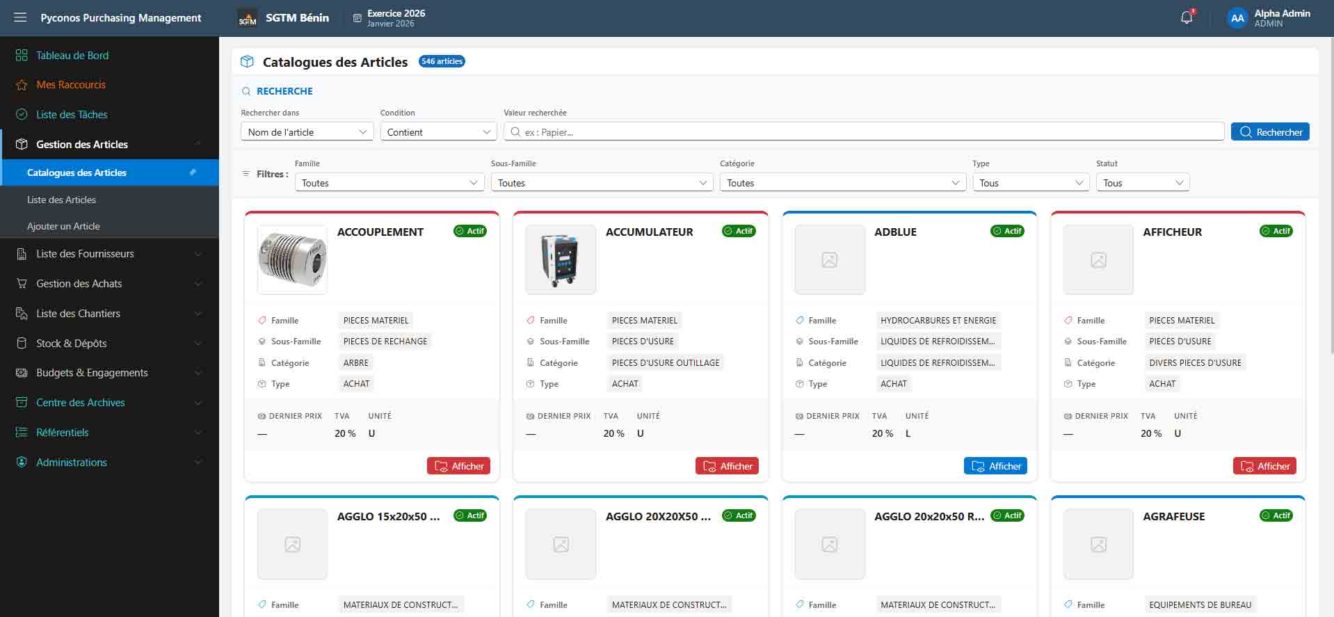 Pyconos Purchasing Management — catalogue des articles